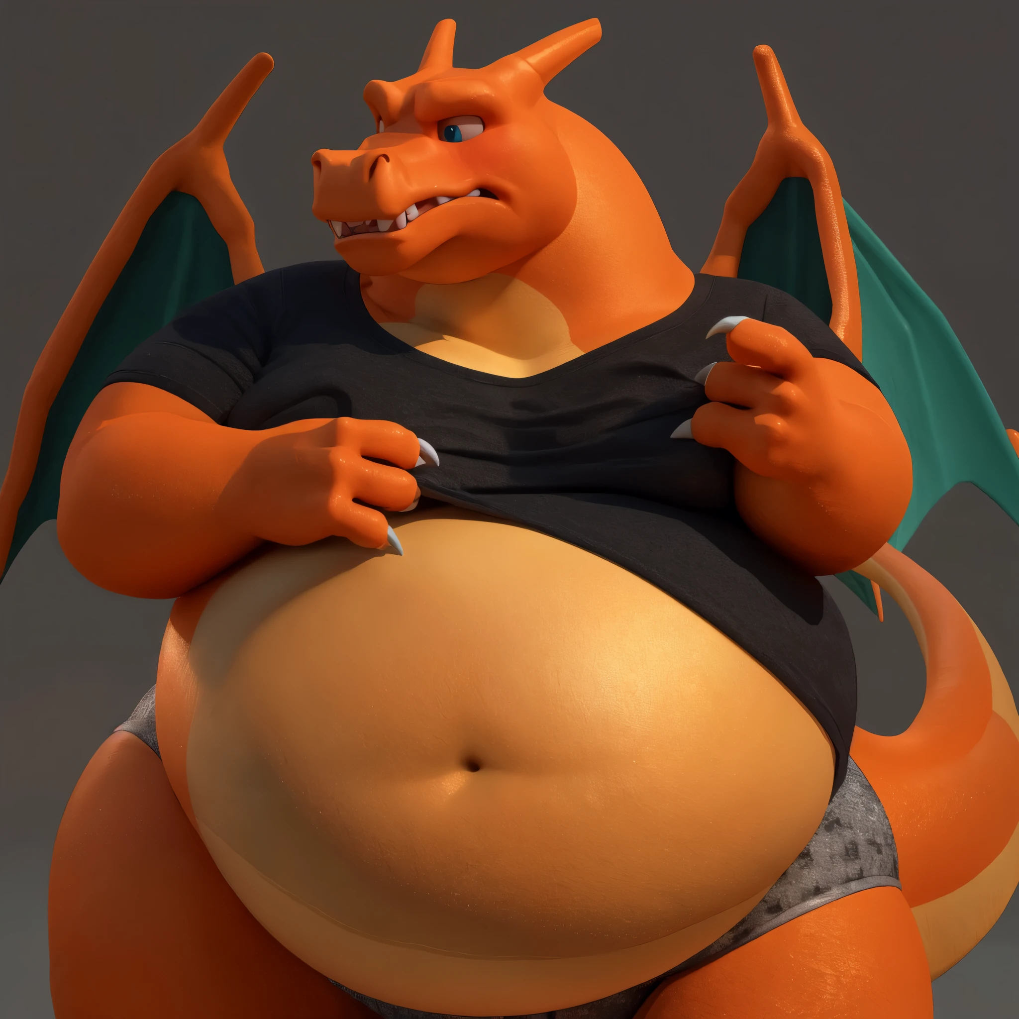 Pokémon Charizard, side view, extremely obese, very fat body, fat cheeks, huge belly, long mouth, enormous chin, very big round belly, very big boobs, big pointy teeth, chubby face, double chin, 3D render, tight short sleeves t-shirt, t-shirt cut above his boobs, too tiny t-shirt, briefs, belly forward, lifting his belly up, whole body visible, sad, ashamed, blushing, very detailed eyes, attention to detail, great attention to anatomy, vivid colors, cartoon style, Solo
