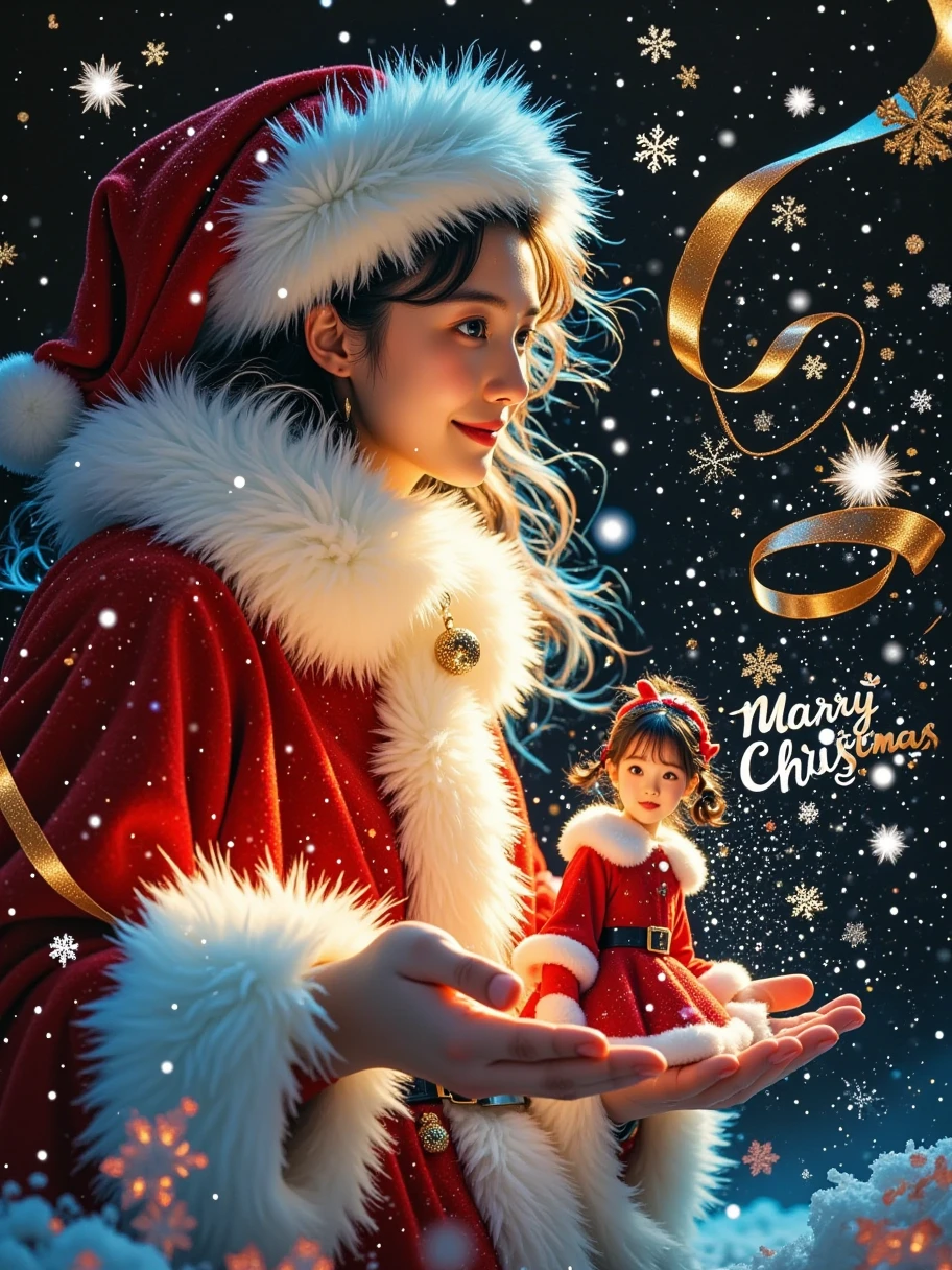 A magical and whimsical scene featuring a larger-than-life Santa Claus, his face illuminated with a warm glow, as he tenderly holds a miniature woman dressed in a festive red Santa outfit in his gloved hands. Santa’s iconic red hat and coat, trimmed with fluffy white fur, shimmer with soft highlights that catch the faint glow of magical swirling ribbons of light floating around him. His expression is both serene and wise, framed by his flowing, snow-white beard and round spectacles that reflect the ethereal light.
The woman, sitting gracefully in his cupped hands, wears a vibrant red and white outfit trimmed with fur, embodying a classic yet modern holiday look. Her pose is confident yet delicate, as she gazes outward, exuding elegance and a sense of wonder. The soft glow from Santa's hands bathes her in light, making her the focal point of this enchanting composition.
The background is a starry, midnight sky with subtle snowflakes drifting through the air, adding depth and texture. Swirling ribbons of magical light, in hues of icy blue and shimmering silver, weave through the scene, creating a sense of movement and fantasy. The lighting is both dramatic and festive, with warm highlights on the characters contrasted against the cool, mystical tones of the surrounding atmosphere.
The overall mood is heartwarming and otherworldly, capturing the essence of holiday magic and the spirit of generosity, wonder, and joy. This piece beautifully balances realism with fantasy, creating an iconic and memorable holiday-themed visual. Created by Sasan