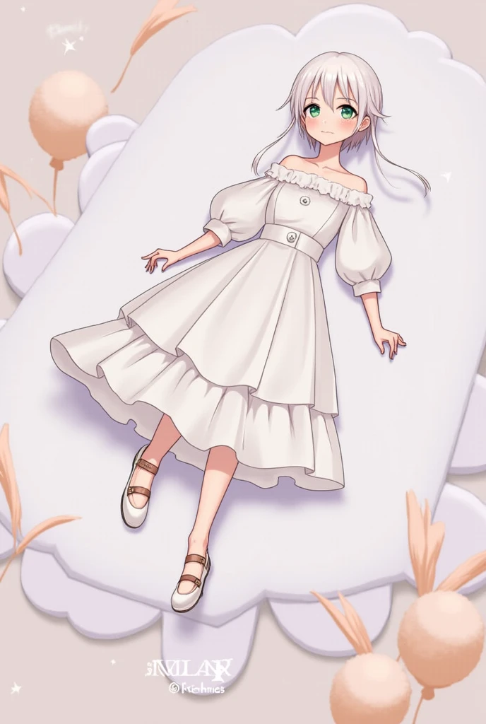Anime character with short pigtails and a flower in her hair, X, trending on artstation pixiv, digital art on pixiv, Beautiful Full Body Concept Art, pixiv, , pixiv contest winner, trending on pixiv, pixiv style, at pixiv, Humanoid flora, by Shitao, whitebackground, light pastel colors, coral multi-colored circles print on the dress