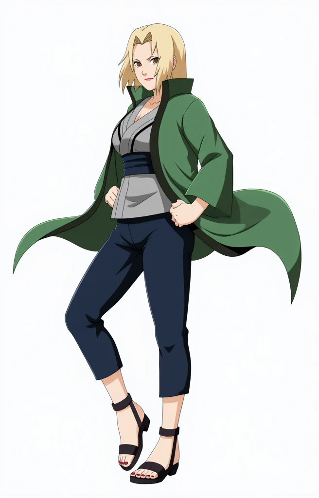 A blonde Strong and shiny body woman. she is wearing green jacket.shiny toes nail,she is wearing black sandals,Tsunade,Tsunade's green Jacket \(outfit\),  upper body lift with an emphasis on facial expression、 detailed face 