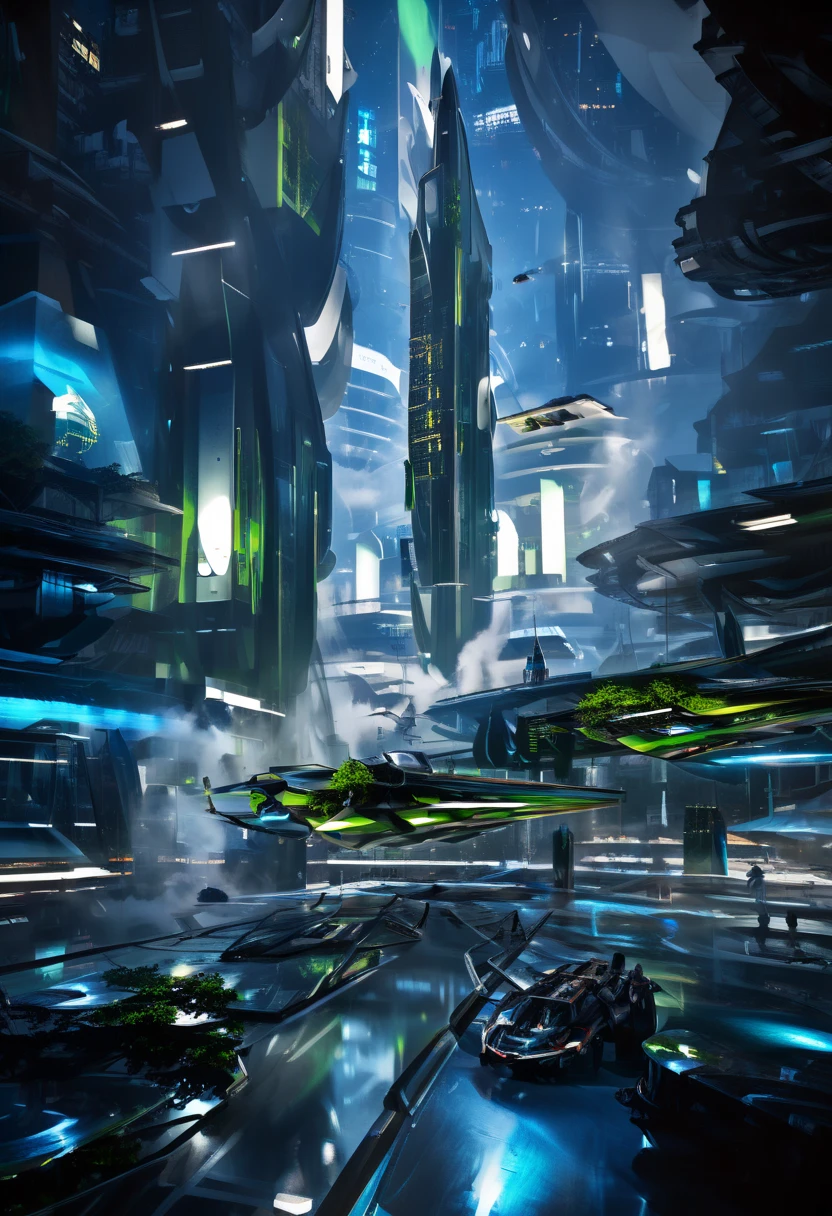 (UHD photograph, 8k, absurdres), (Create an electrifying, futuristic cityscape with ultra-sleek, avant-garde architecture featuring dramatic curves and fluid designs):2. (Populate the sky with countless flying vehicles, each one polished to a mirror-like sheen and sleekly aerodynamic):2. The city should be adorned with lush hanging gardens and an (abundance of glossy black glass buildings, vibrant neon signage, polished chrome structures, and glistening white marble):2. (Set the scene at midnight under a dazzling crescent moon and a sky filled with brilliant stars):2. (Imagine a fusion of Blade Runner and ancient Rome):2, where colossal columns meet neon-lit spires):2. with a (drone shot from a rooftop high-angle perspective, (wide angle, long shot)):2. (:2Add glowing light trails from the flying vehicles reflecting off the mirrored surfaces):2, with bursts of vibrant neon colors. Incorporate dynamic spotlights illuminating key architectural features, and a (slight mist):2 to add an ethereal glow to the scene. Include shimmering holographic billboards and futuristic advertisements, pulsating with vivid, animated imagery. Envision bustling crowds in futuristic attire, and intricate, illuminated walkways weaving through the cityscape ,absurdres, 8k, maximum detail cinematic movie still, masterpiece, best quality, absurd resolution, 8k, ray tracing, HDR, UHD, volumetric lighting, Unreal Engine 5, Unity Engine, Blender, octane render, exquisite subject composition and use of lighting:1.4, exceptional, award-winning shading:1.38, sharp focus:1.35, HDR, 8k, UHD 8K resolution, wide-angle lens, full shot photograph, Absurd resolution, maximum detail, photorealistic, realistic, ultra-realistic, repeat positive prompts, repeat negative prompts, (blue and white hues):2
