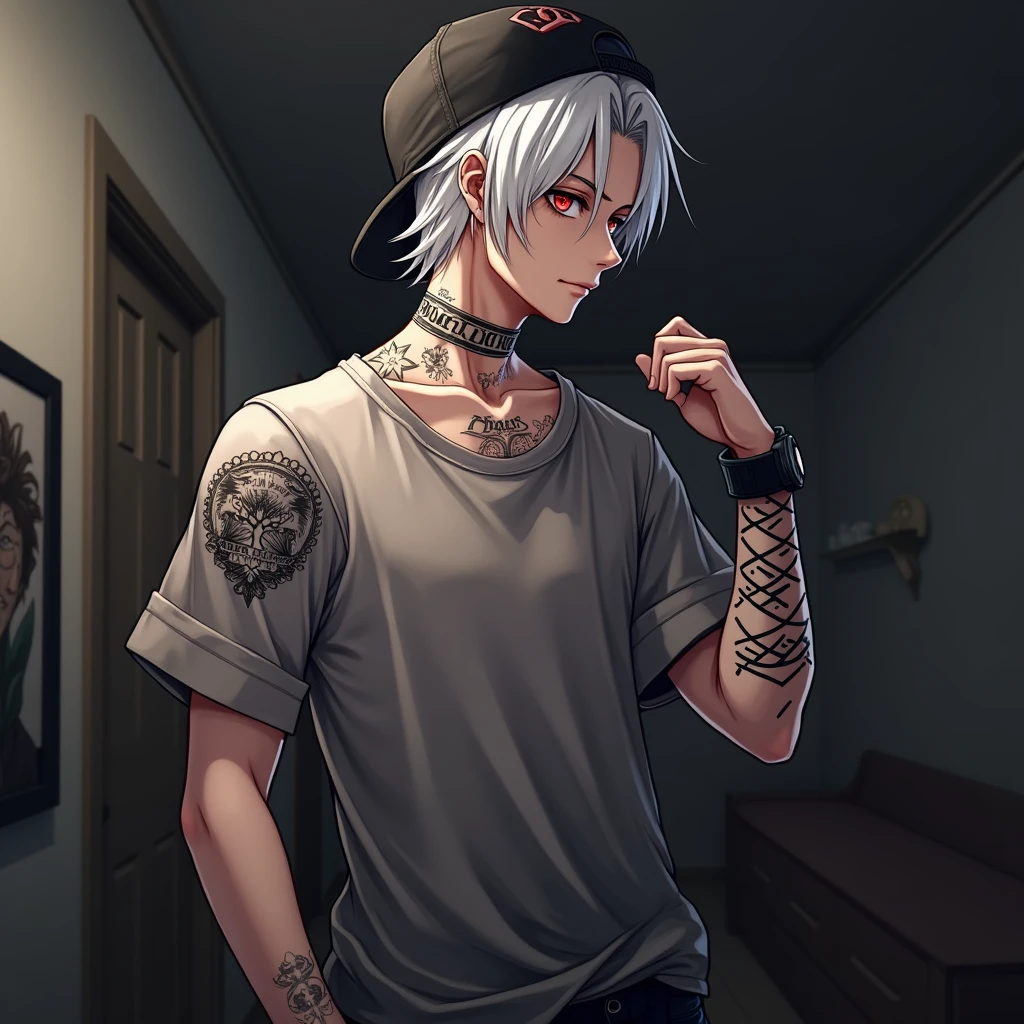 Young man, short silver-white hair, light blue eyes, unobstructed, ragged clothes, tattered clothes, dirty, gray-headed, collars, chains, iron cages, clothes full of holes, hands handcuffed, shackled, looking down, face red
