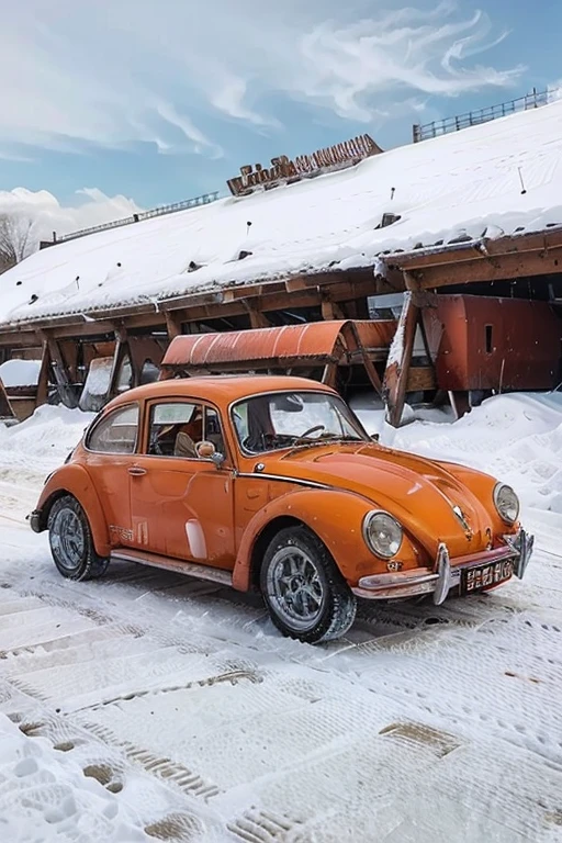 1962 beetle, orange, white stripes, snowy conditions