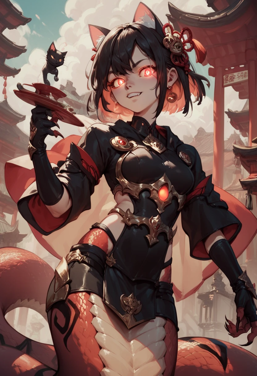 Lamia-style girl. Black snake body. Black straight hair. Light armor. Spiky. Red glowing lines. Sharp claws. Glowing eyes. Cat pupils. Japanese-style architecture