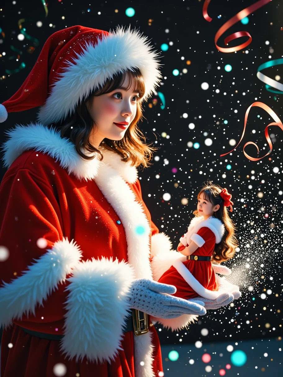 A magical and whimsical scene featuring a larger-than-life Santa Claus, his face illuminated with a warm glow, as he tenderly holds a miniature woman dressed in a festive red Santa outfit in his gloved hands. Santa’s iconic red hat and coat, trimmed with fluffy white fur, shimmer with soft highlights that catch the faint glow of magical swirling ribbons of light floating around him. His expression is both serene and wise, framed by his flowing, snow-white beard and round spectacles that reflect the ethereal light.
The woman, sitting gracefully in his cupped hands, wears a vibrant red and white outfit trimmed with fur, embodying a classic yet modern holiday look. Her pose is confident yet delicate, as she gazes outward, exuding elegance and a sense of wonder. The soft glow from Santa's hands bathes her in light, making her the focal point of this enchanting composition.
The background is a starry, midnight sky with subtle snowflakes drifting through the air, adding depth and texture. Swirling ribbons of magical light, in hues of icy blue and shimmering silver, weave through the scene, creating a sense of movement and fantasy. The lighting is both dramatic and festive, with warm highlights on the characters contrasted against the cool, mystical tones of the surrounding atmosphere.
The overall mood is heartwarming and otherworldly, capturing the essence of holiday magic and the spirit of generosity, wonder, and joy. This piece beautifully balances realism with fantasy, creating an iconic and memorable holiday-themed visual. Created by Sasan