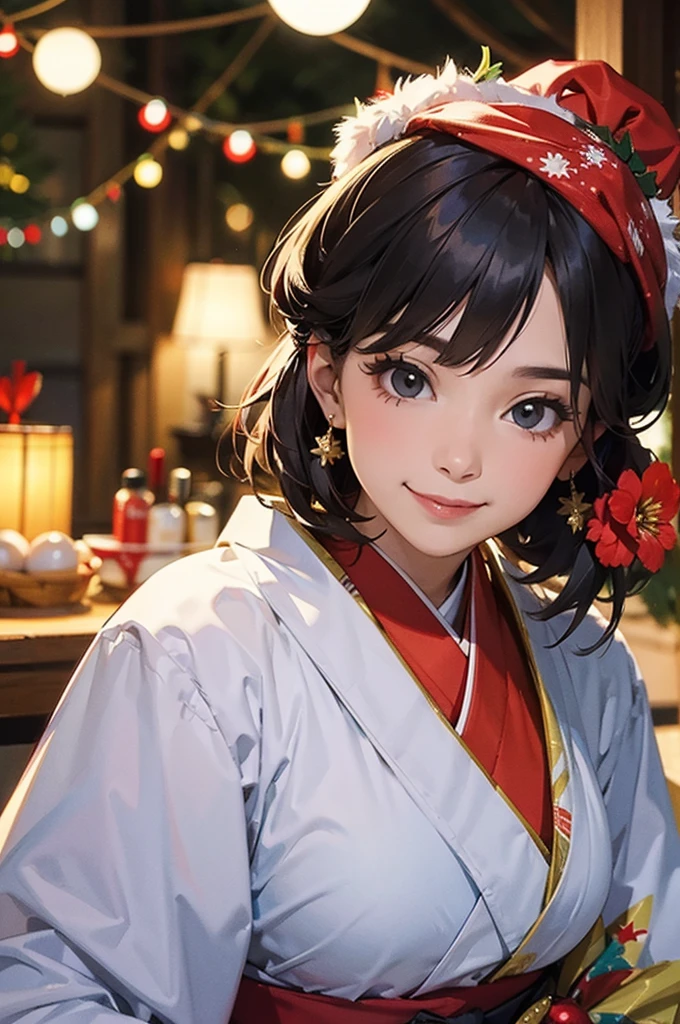 A bust shot of a smiling beautiful woman in a kimono celebrating Christmas