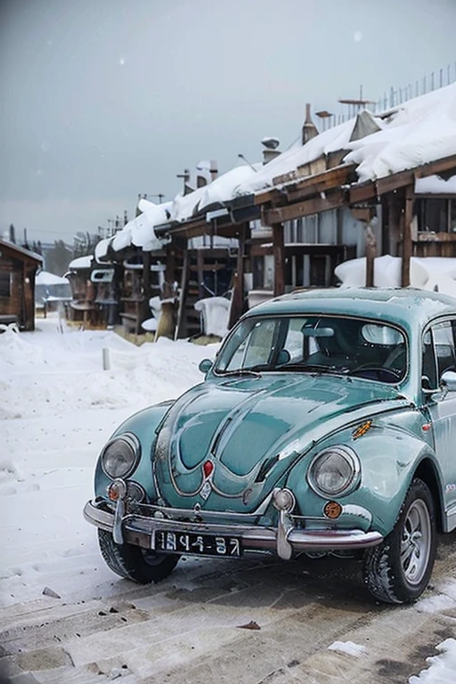 1962 beetle, cyan, white stripes, snowy conditions