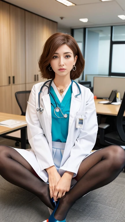 young woman、 、Light brown hair、（Full body photo）、Necklace around the neck、White、Doctor's attire、Knee-length skirt、tights、pumps、（Full body photo）Stethoscope、、short hair、Wavy Hair、sit in a chair in the operating room、Intricate details, Very detailed:1.2), 、（Full body photo） Looking into the camera,The background is the operating room...、ear piercing

