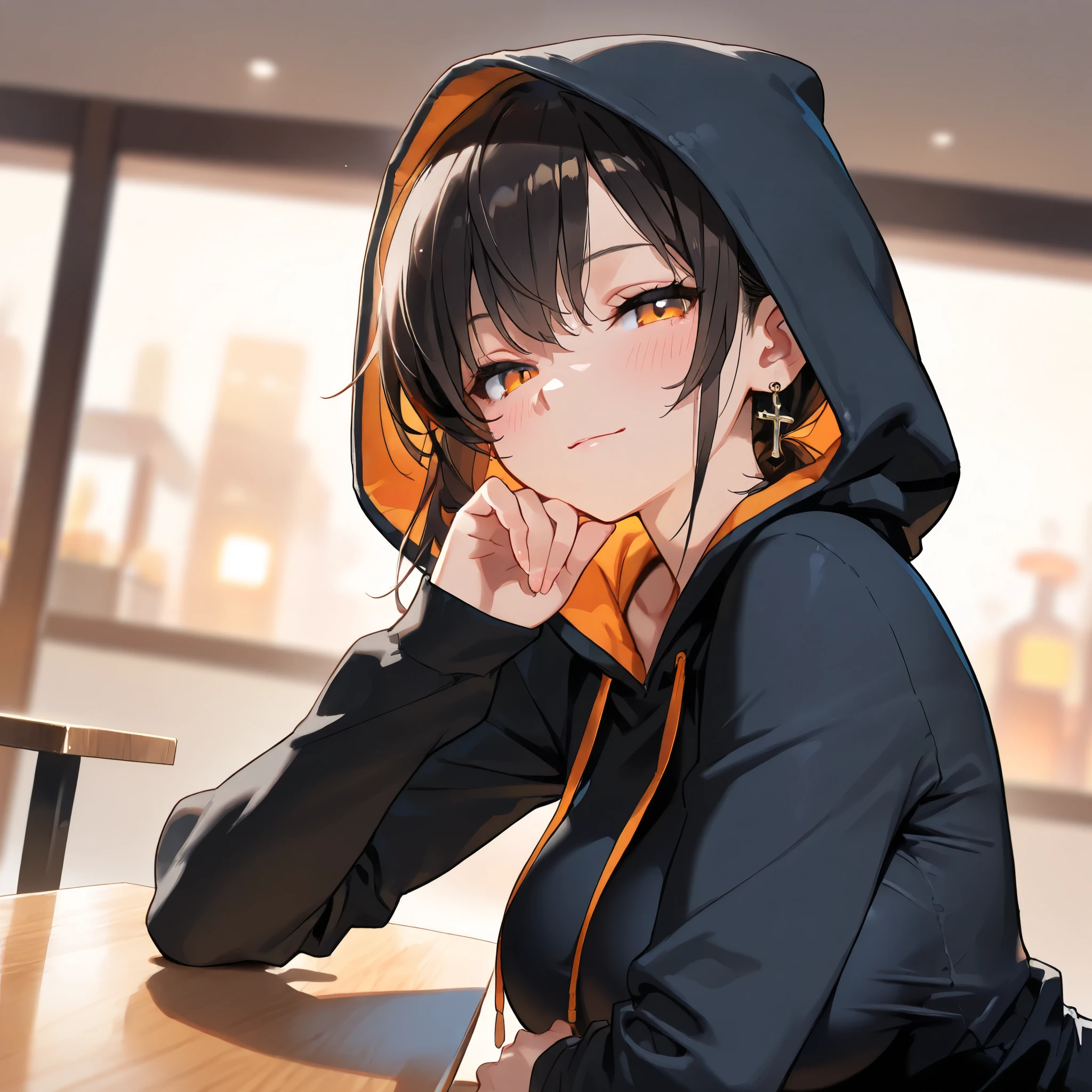 portrait, hoodie dress, hood up, cute girl, solo, short hair, ponytail hair, Black hair with brown ends, orange eyes, large breasts, cross Pierced earrings, blush, flawless smooth skin, looking at viewer, light smile, half closed eyes, indoors, sitting, table, Ply on the table, (best quality,4k,8k,highres,masterpiece:1.2),ultra-detailed,intricate details, high fashion, dramatic lighting, warm colors, chiaroscuro