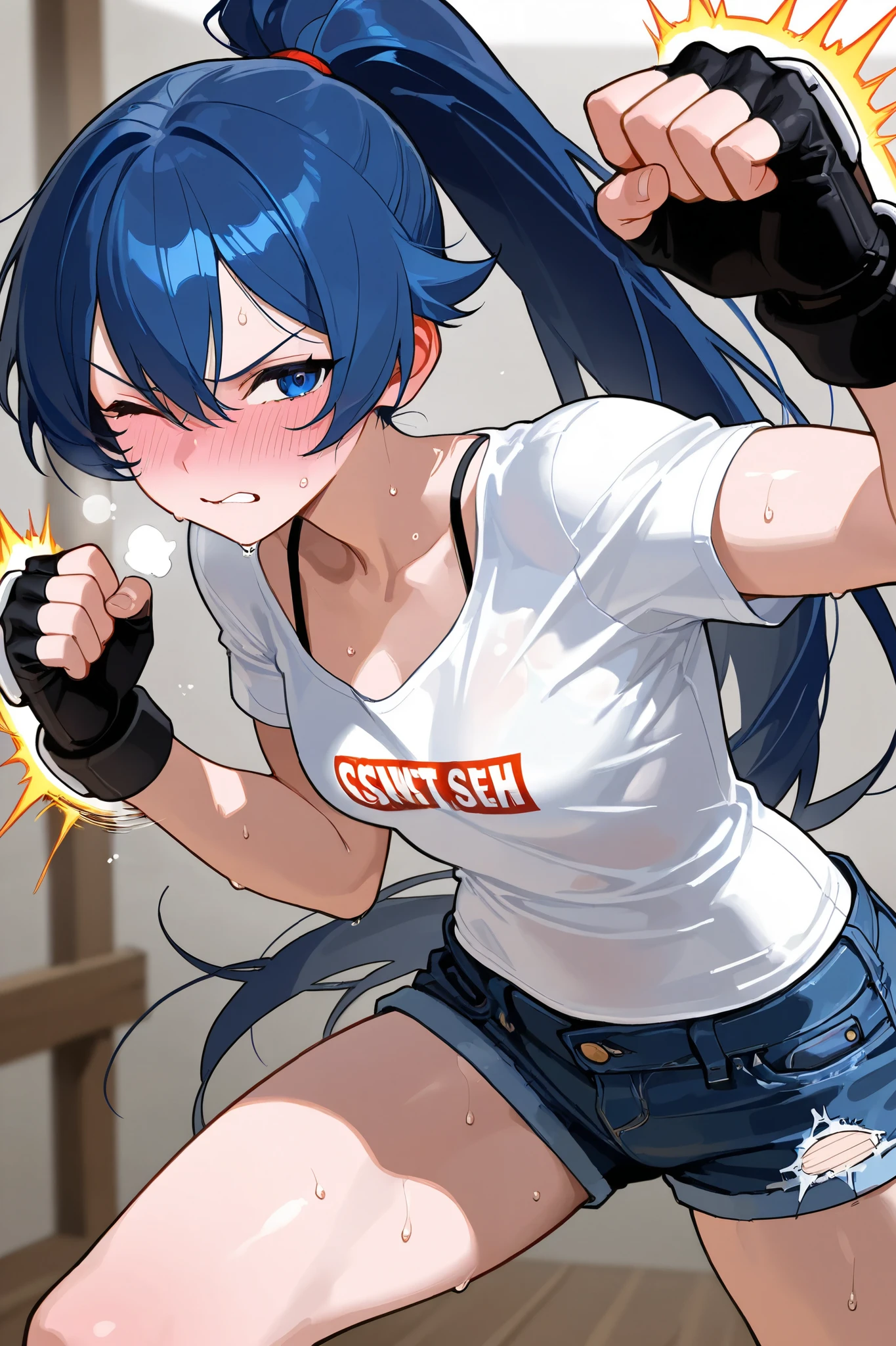 masterpiece, best quality,anime style, 1 girl,(((slender body))), (((small breast))),(((hot pants, white tanktop,red tie))),(((((a gorilla man grabbing the girl))))), ((((restrained, arms behind back)))),((((cum)))), (beautiful face), (((long hair))), (((straight hair))), ((((blue hair)))),detailed beautiful skin, (perfect hands, perfect anatomy)