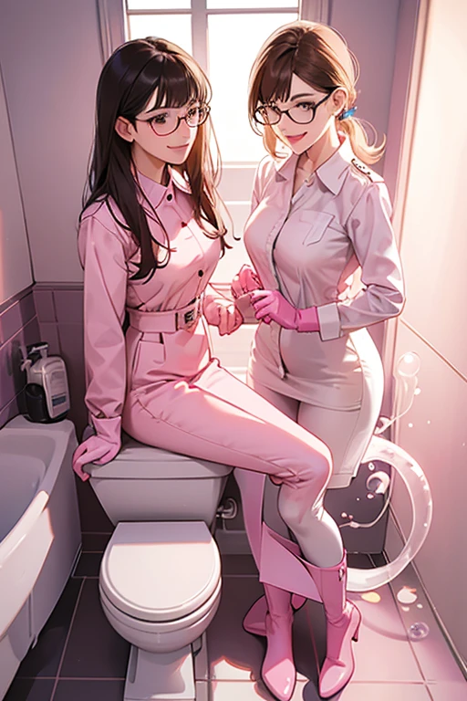 Two mature women with black hair and glasses wearing blue long sleeve jumpsuits making love in the toilet wearing pink long rubber gloves and white rubber boots