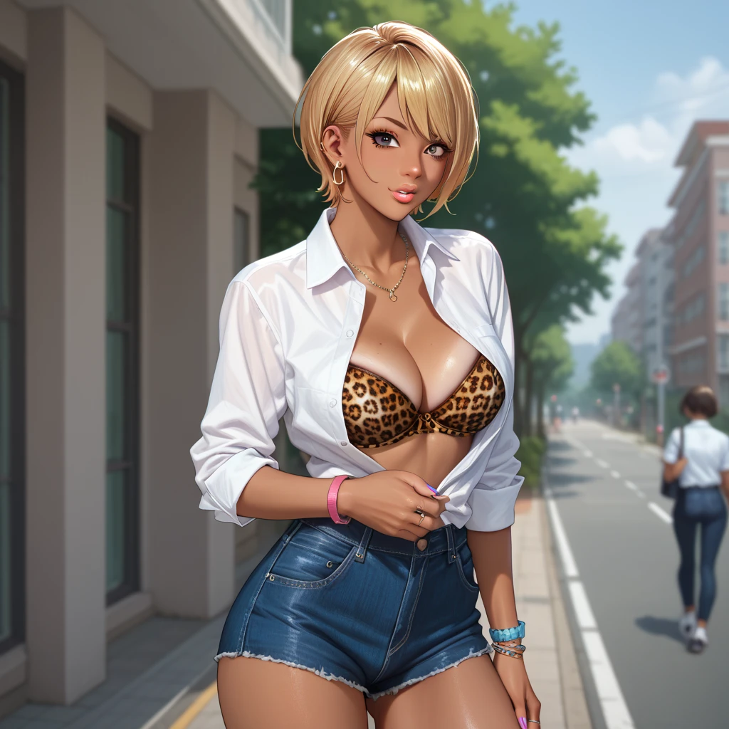 1girl, solo, gyaru, tanned skin, short hair, white dress shirt, leopard print bra, denim shorts, looking over her shoulder, school blurred background