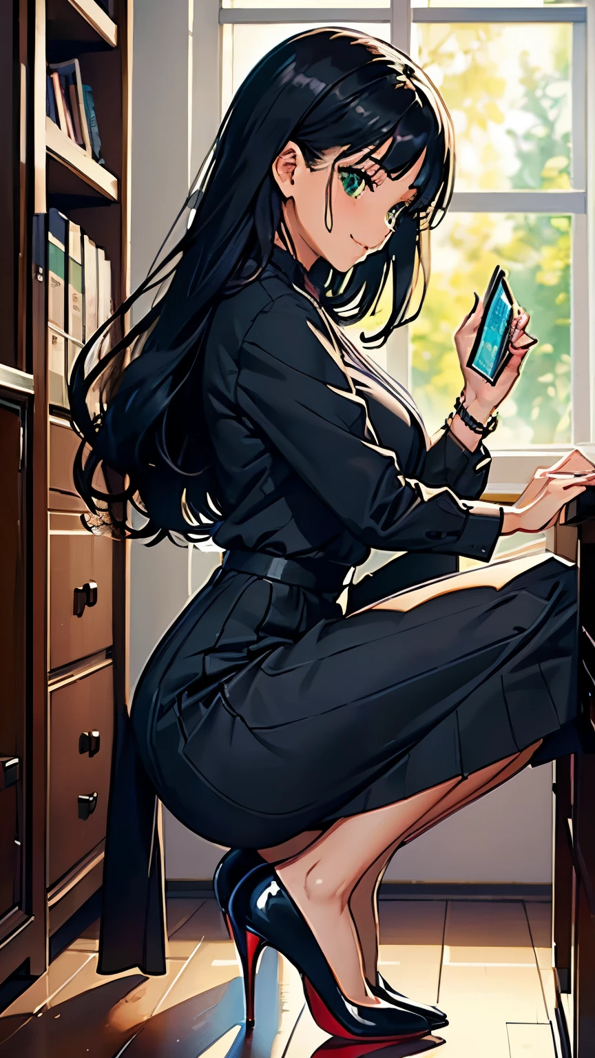    ((masterpiece, high resolution, better quality, better details)), ((Smiling)), ((one girl)) va girl sorting files in a cabinet, full body, wearing a maxi skirt, long skirt, ((long skirt without openings)), paired with a professional blouse, ((Louboutin high heels)), green eyes, ((black hair, long hair)), shiny skin, ((side view)), solo, from the side, full body, focus full body, in an office setting