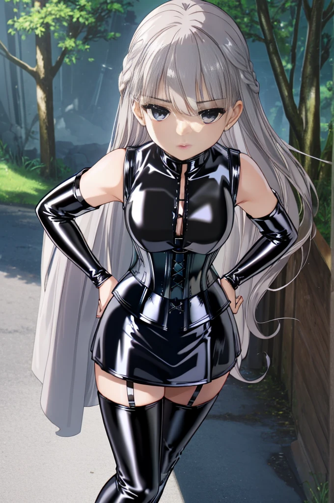 1 girl,bangs,alone,Sheet blades,silver hair,very long hair,Straight long hair,braid the hair above the ears、blue eyes,clavicle,put your hands on your hips,
Black Gladiator Sandals,outdoor,nature,, exquisite visuals, High resolution,masterpiece,highest quality,exquisite visuals,High resolution,masterpiece,highest quality,18-year-old,young woman,beautiful fingers,beautiful long legs,beautiful body,beautiful character design,BDSM、(((black latex corset dress:1.4)))、(((The corset is decorated with beautiful embroidery.)))、(((corset dress with shoulder straps)))、(((black latex tight miniskirt:1.4)))、first round、(((Black Thigh Boots)))、high heel boots、(((Black latex bra)))、(((Black latex panties)))、first round、Black Thigh Boots、high heel boots、1 girl、Expressionless
