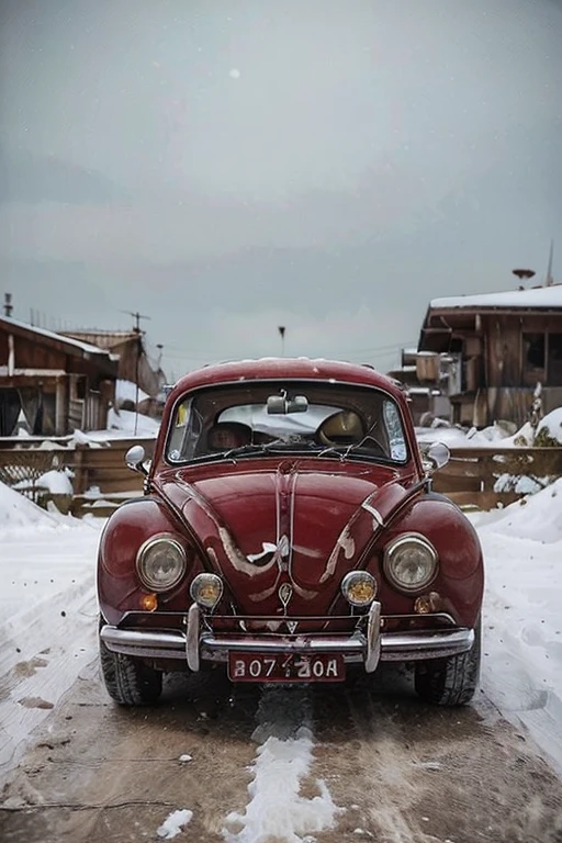 1962 beetle, brown, white stripes, snowy conditions