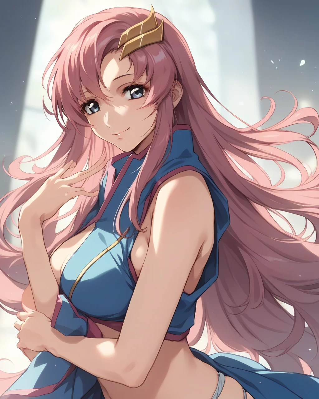 Masterpiece, best quality, 4k, very aesthetic,1girl,
Lacus Clyne, blue eyes, pink hair, long hair,hair ornament, ((wearing a light blue bikini only)), detailed face, beautiful detailed eyes, large breasts, looking at viewer, sweet smile, dynamic pose