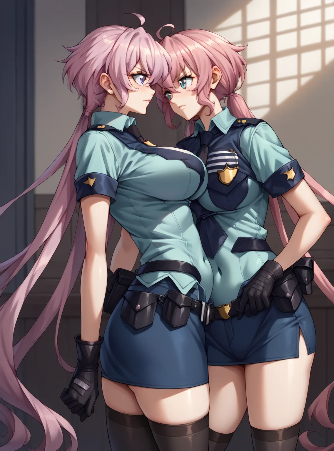 (2 girls, couple, yuri, in the pub),(miniskirt black police uniform:2.0), YukineChris, long hair, glay hair, purple eyes, twintails, ahoge, large breasts, thighhighs, gloves, covered navel, Maria cadenzavna eve, long hair, pink hair,  breasts,  blue eyes, covered navel, very long hair,