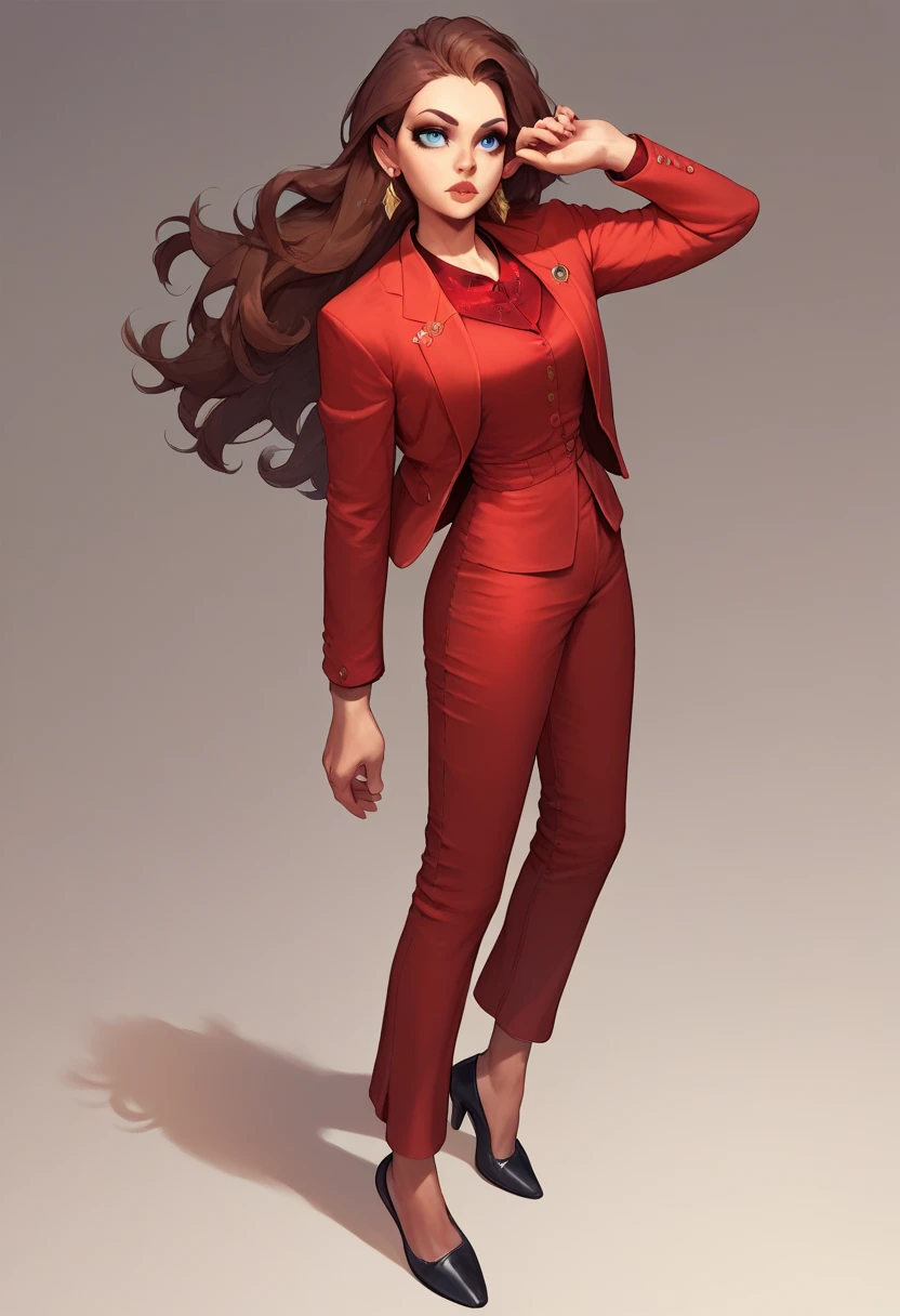 Earrings, makeup, long brown hair, blue eyes, red dress
Red Blazer, Red Pants, Black Shoes, 