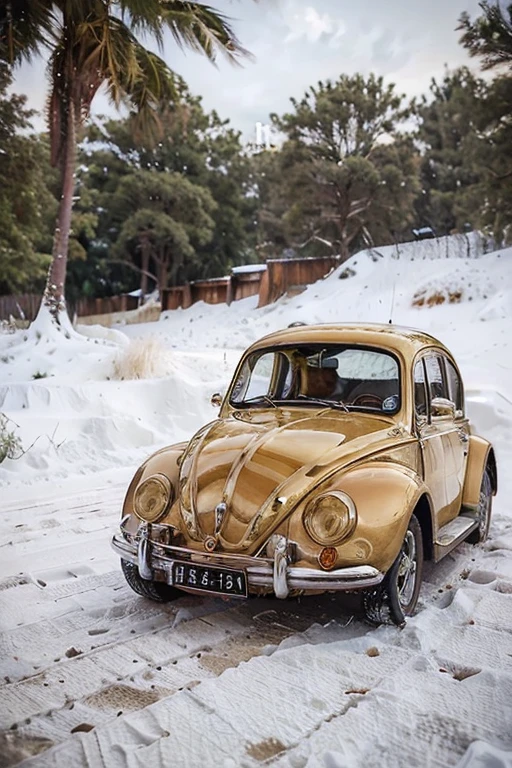 1962 beetle, gold, white stripes, snowy conditions