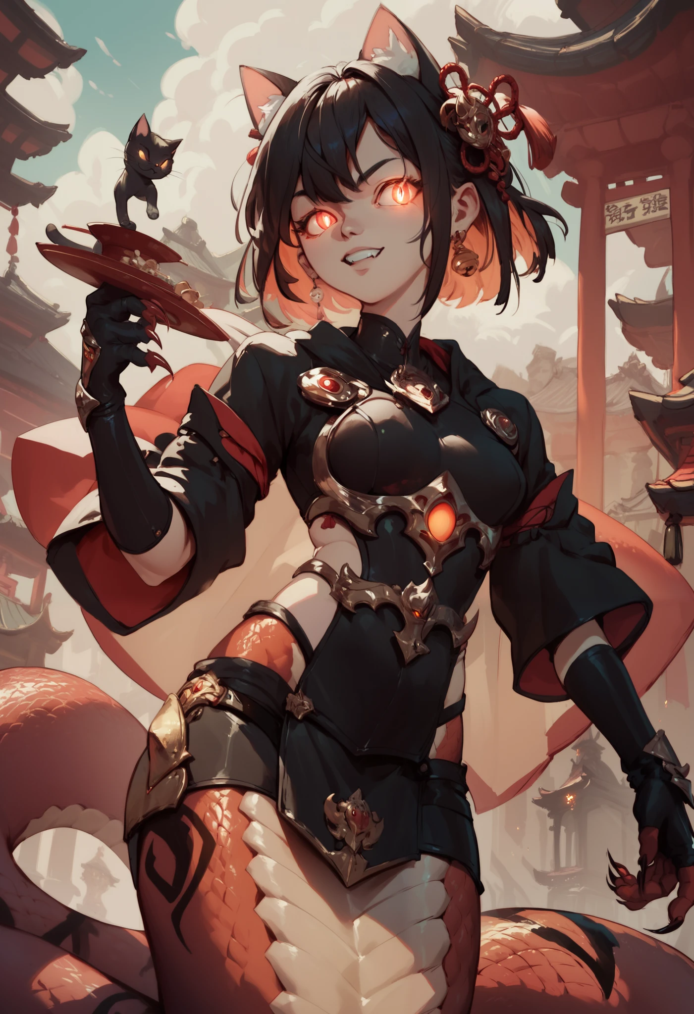 Lamia-style girl. Black snake body. Black straight hair. Light armor. Spiky. Red glowing lines. Sharp claws. Glowing eyes. Cat pupils. Japanese-style architecture