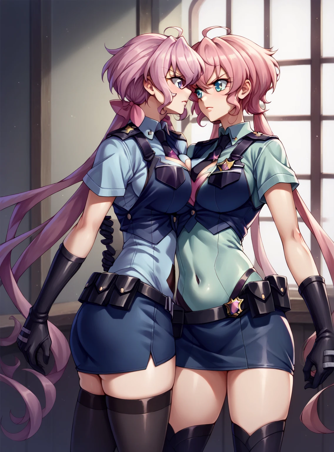 (2 girls, couple, yuri, in the pub),(miniskirt black police uniform:2.0), (YukineChris, long hair, glay hair, purple eyes, twintails, ahoge, large breasts, thighhighs, gloves, covered navel), (Maria cadenzavna eve, long hair, pink hair,  breasts,  blue eyes, covered navel, very long hair),