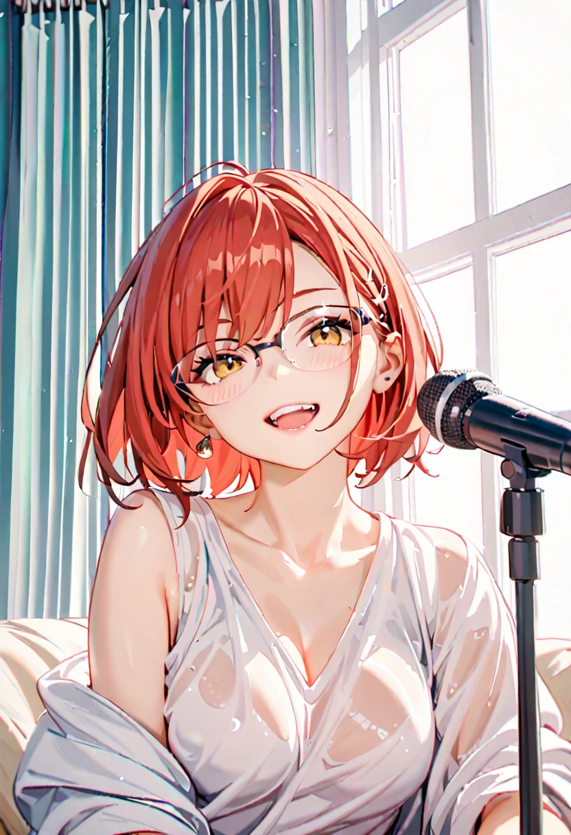  1 woman 、A transparent room、Lots of white furniture、Daytime、Sitting alone、 age is 35、Fashionable clothes、delicate、winter、Bob Wolf hairstyle、 red hair、The inner is black、Golden Eyes、Smile、 Masterpiece、singer、Speaking in front of a microphone