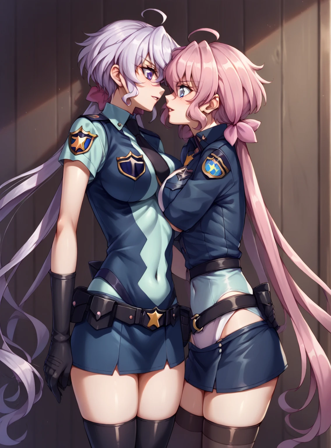 (2 girls, couple, yuri, in the pub:1.5),(miniskirt black police uniform:2.0), (YukineChris, long hair, glay hair, purple eyes, twintails, ahoge, large breasts, thighhighs, gloves, covered navel), (Maria cadenzavna eve, long hair, pink hair,  breasts,  blue eyes, covered navel, very long hair),