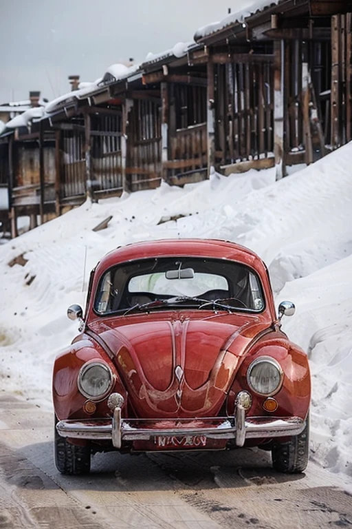 1962 beetle, copper, white stripes, snowy conditions