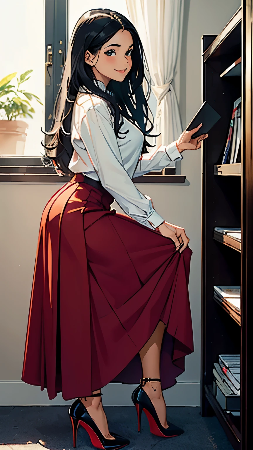    ((masterpiece, high resolution, better quality, better details)), ((Smiling)), ((one girl)) va girl sorting files in a cabinet, full body, wearing a maxi skirt, long skirt, ((long skirt without openings)), paired with a professional blouse, ((Louboutin high heels)), green eyes, ((black hair, long hair)), shiny skin, ((side view)), solo, from the side, full body, focus full body, in an office setting