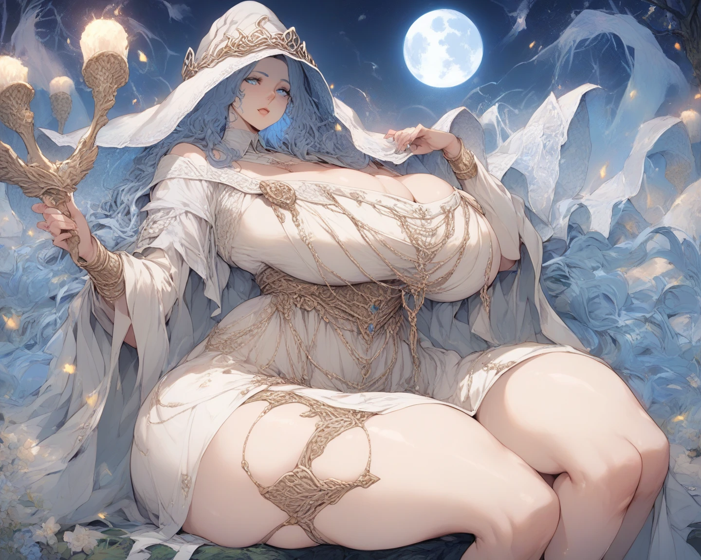 Ranni from Elden Ring  , massive boobs  ,  massive hips , massive thighs  ,  sitting on a rock in a meadow on a dark night with a little fog ,  dressed in a white dress that highlights her voluptuous and beautiful figure ,  besides that dress reveals her enormous breasts , light blue skin ,  dark night full moon  