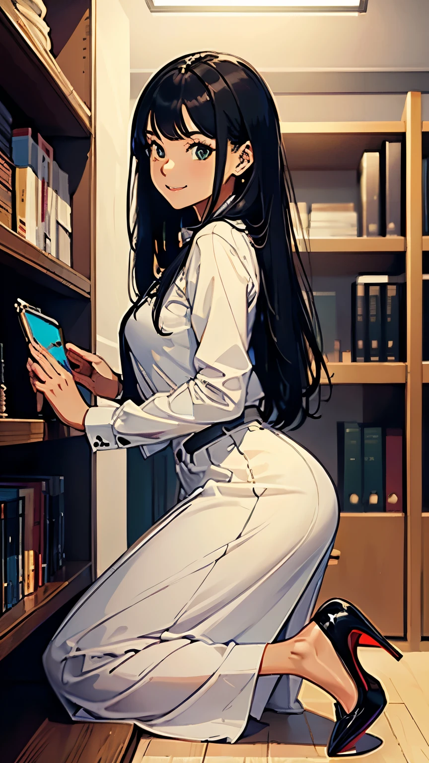    ((masterpiece, high resolution, better quality, better details)), ((Smiling)), ((one girl)) va girl sorting files in a cabinet, full body, wearing a maxi skirt, long skirt, ((long skirt without openings)), paired with a professional blouse, ((Louboutin high heels)), green eyes, ((black hair, long hair)), shiny skin, ((side view)), solo, from the side, full body, focus full body, in an office setting