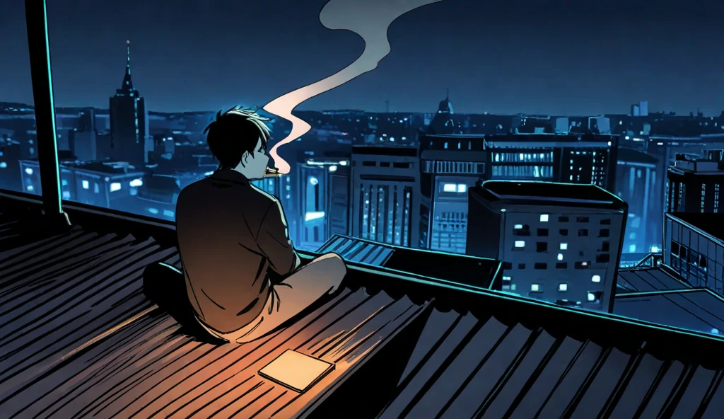 Create a silhouette of a mature male cartoon character sitting and smoking a cigarette., sadly watching the city at night sparkling with lights