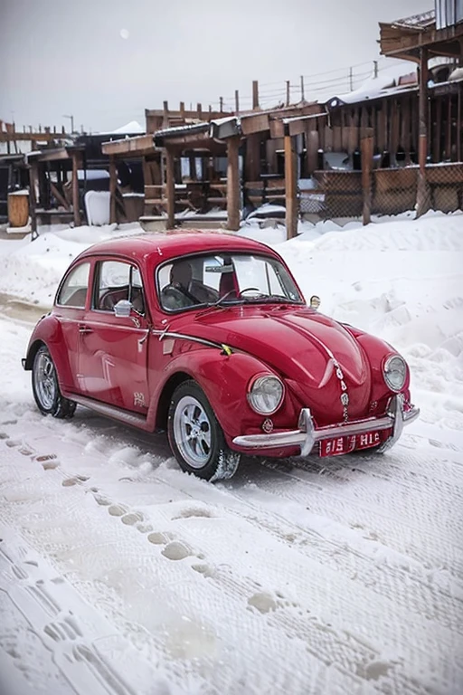 1962 beetle, Magenta, white stripes, snowy conditions