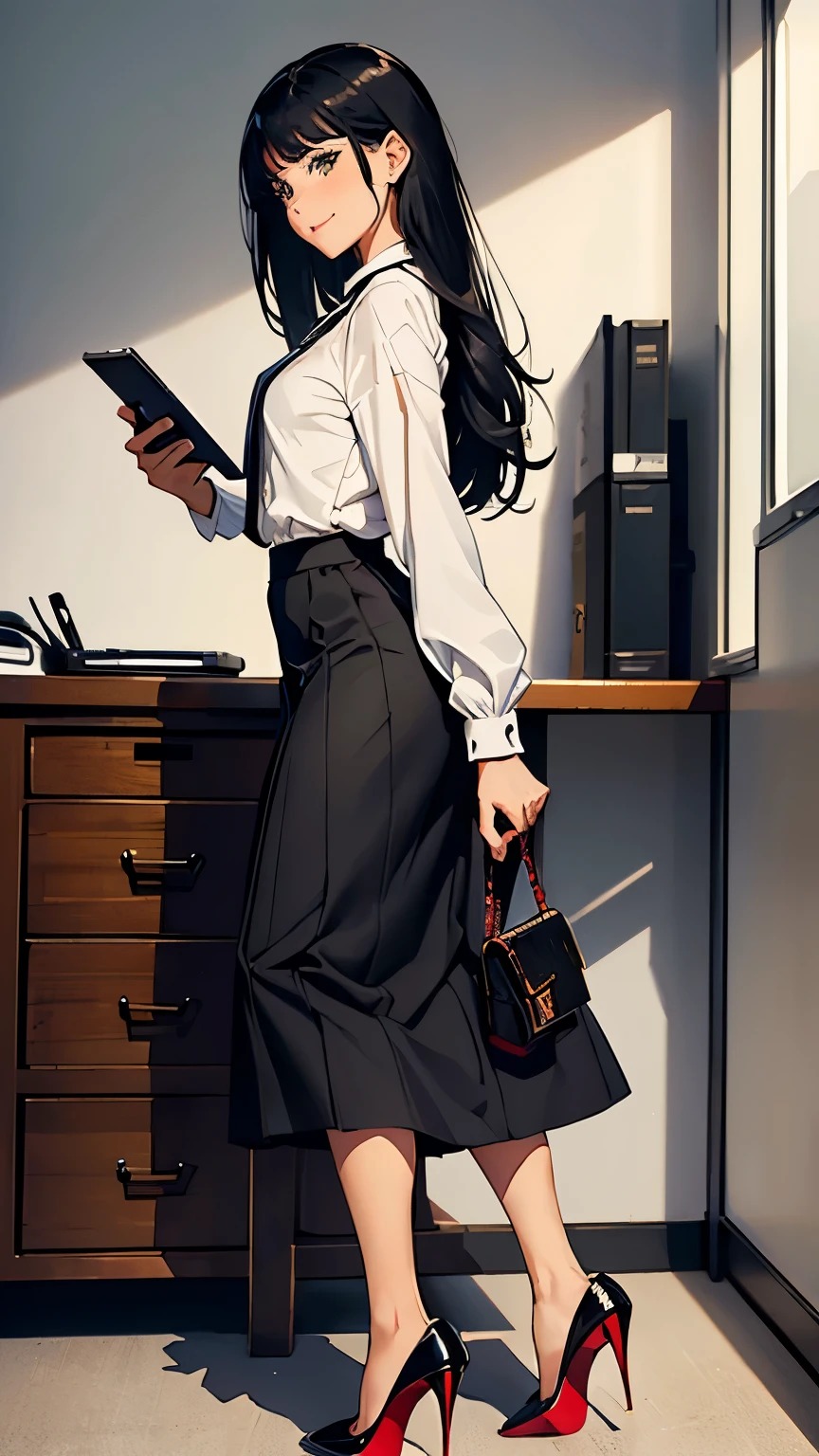    ((masterpiece, high resolution, better quality, better details)), ((Smiling)), ((one girl)) va girl sorting files in a cabinet, full body, wearing a maxi skirt, long skirt, ((long skirt without openings)), paired with a professional blouse, ((Louboutin high heels)), green eyes, ((black hair, long hair)), shiny skin, ((side view)), solo, from the side, full body, focus full body, in an office setting