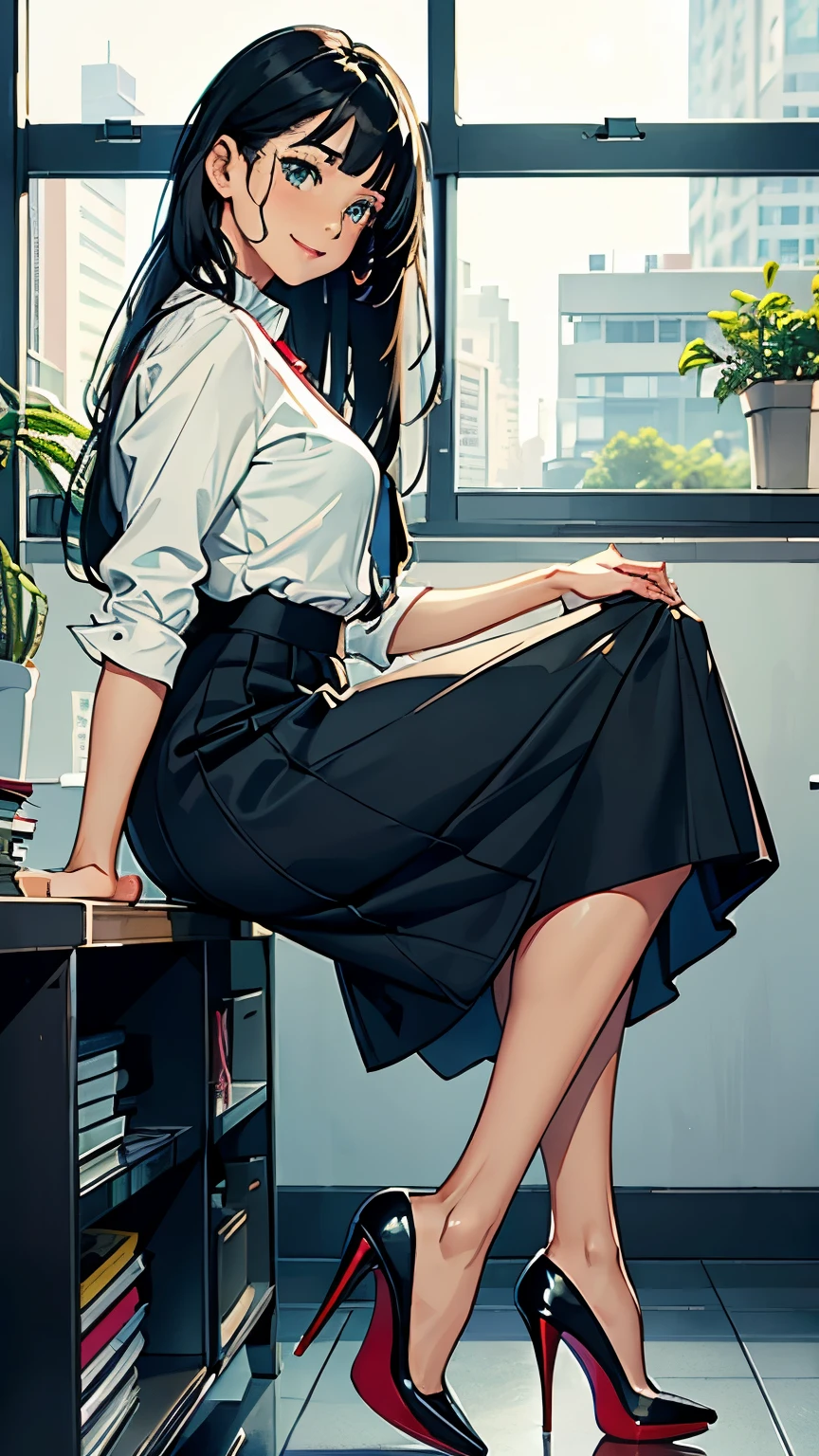    ((masterpiece, high resolution, better quality, better details)), ((Smiling)), ((one girl)) va girl sorting files in a cabinet, full body, wearing a maxi skirt, long skirt, ((long skirt without openings)), paired with a professional blouse, ((Louboutin high heels)), green eyes, ((black hair, long hair)), shiny skin, ((side view)), solo, from the side, full body, focus full body, in an office setting