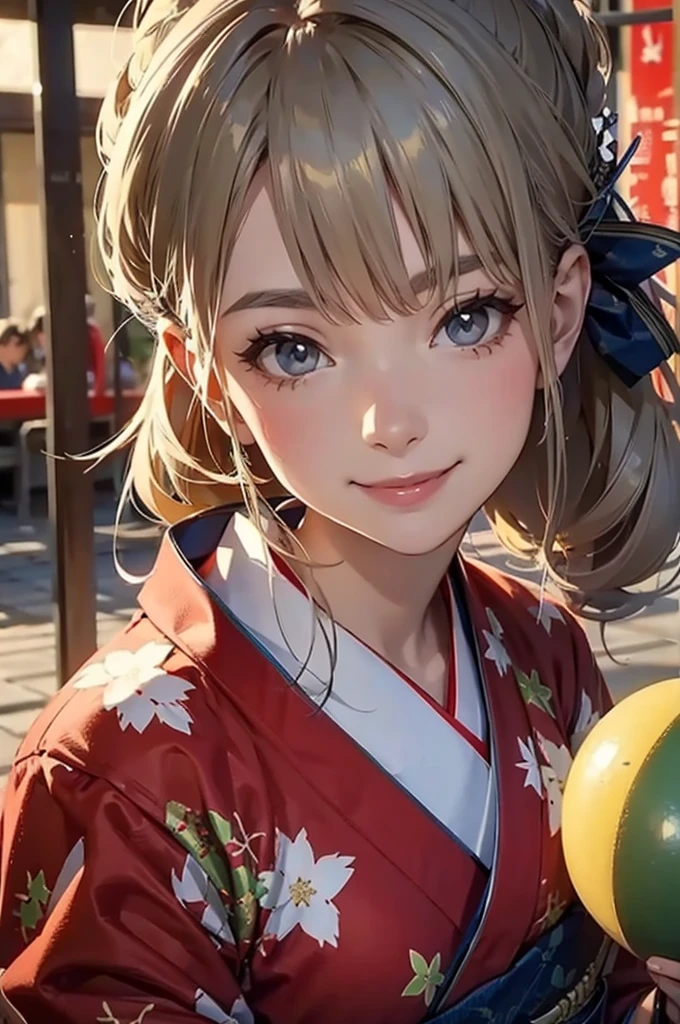 A bust shot of a smiling beautiful woman in a kimono celebrating Christmas