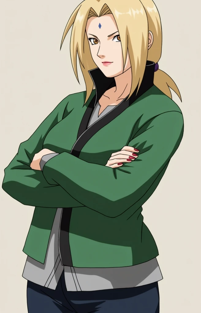 A blonde Strong and shiny body woman. she is wearing green jacket.shiny toes nail,she is wearing black sandals,Tsunade,Tsunade's green Jacket \(outfit\),  upper body lift with an emphasis on facial expression、 detailed face 