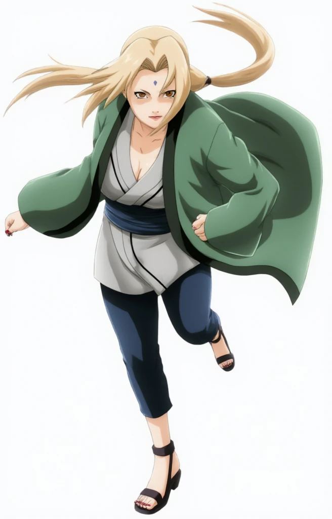 A blonde Strong and shiny body woman. she is wearing green jacket.shiny toes nail,she is wearing black sandals,Tsunade,Tsunade's green Jacket \(outfit\),  upper body lift with an emphasis on facial expression、 detailed face 