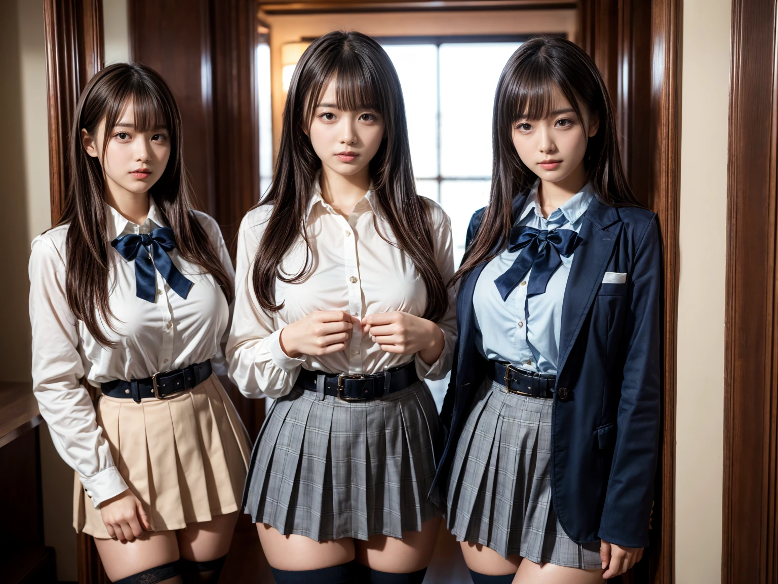 two asian women in school uniforms posing for a picture, two japanese schoolgirls posing, wearing japanese school uniform, japanese school uniform, two beautiful anime girls, sakimichan hdri, japanese girl school uniform, wearing school uniform, realistic young gravure idol, taken with canon 5d mk4, anime girls, anime girl in real life, two girls