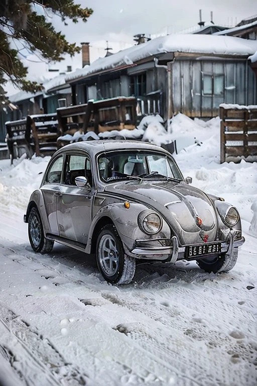 1962 beetle, silver, white stripes, snowy conditions