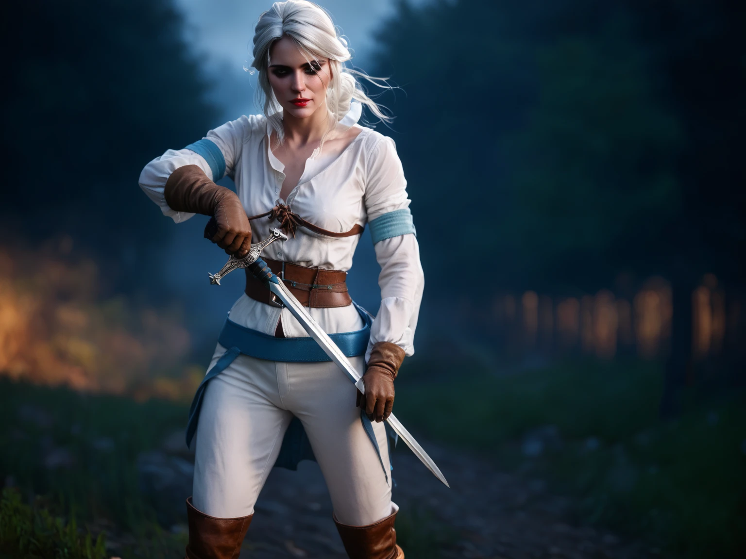 Ciri, white hair, (best quality, Ultra-detailed), (realistic:1.37), beautiful and detailed face, Ultra-realistic texture, Delicate face, Red lipstick, long-lasting colors. high definition, 8k.