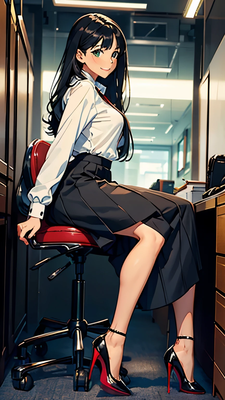    ((masterpiece, high resolution, better quality, better details)), ((Smiling)), ((one girl)) va girl sorting files in a cabinet, full body, wearing a maxi skirt, long skirt, ((long skirt without openings)), paired with a professional blouse, ((Louboutin high heels)), green eyes, ((black hair, long hair)), shiny skin, ((side view)), solo, from the side, full body, focus full body, in an office setting