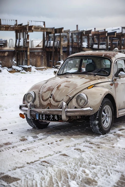 1962 beetle, oatmeal, white stripes, snowy conditions