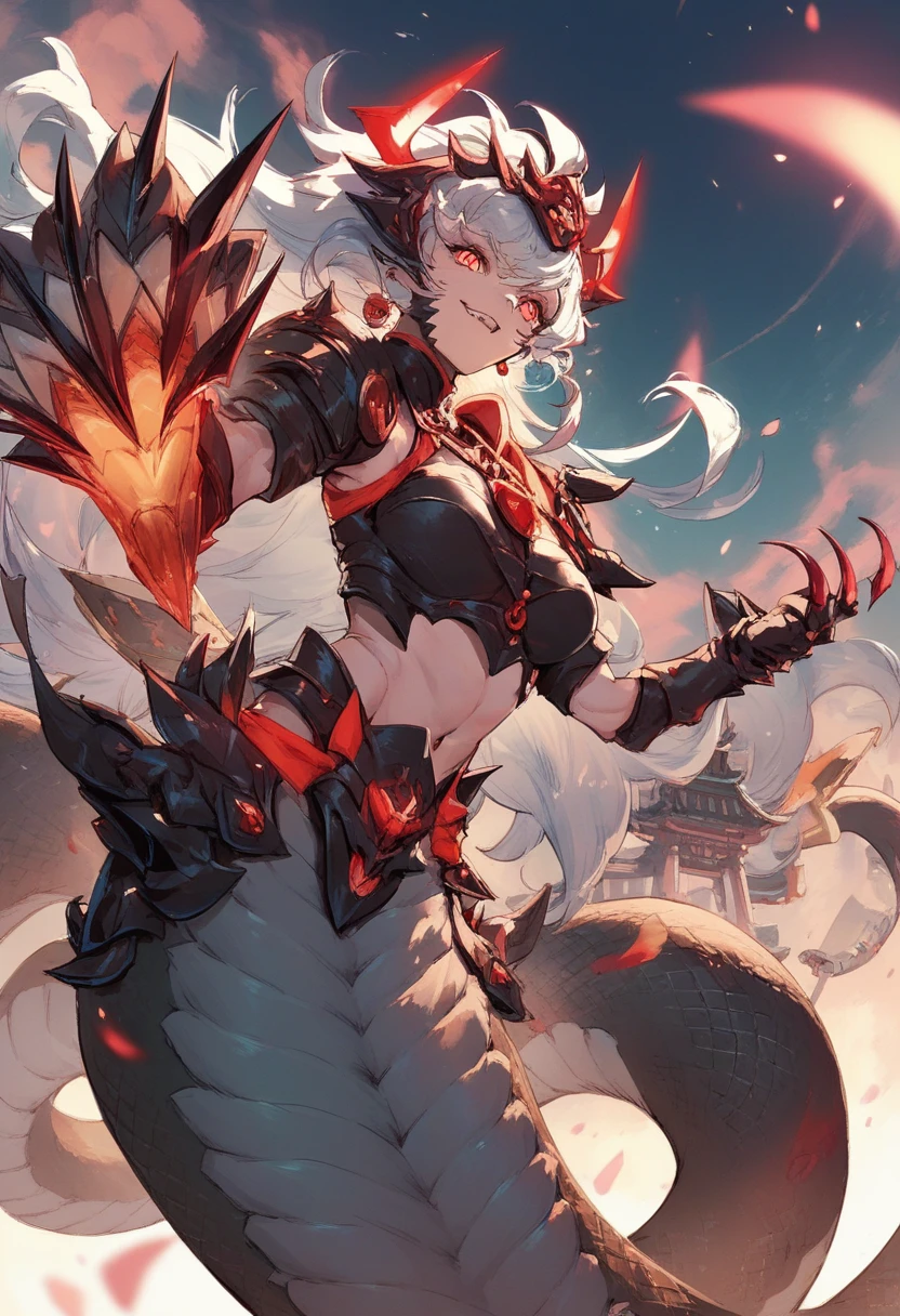 Lamia-style girl. Black snake body. Black straight hair. Straight bangs. Light armor. Spiky. Red glowing lines. Sharp claws. Cat pupils. Japanese-style architecture.