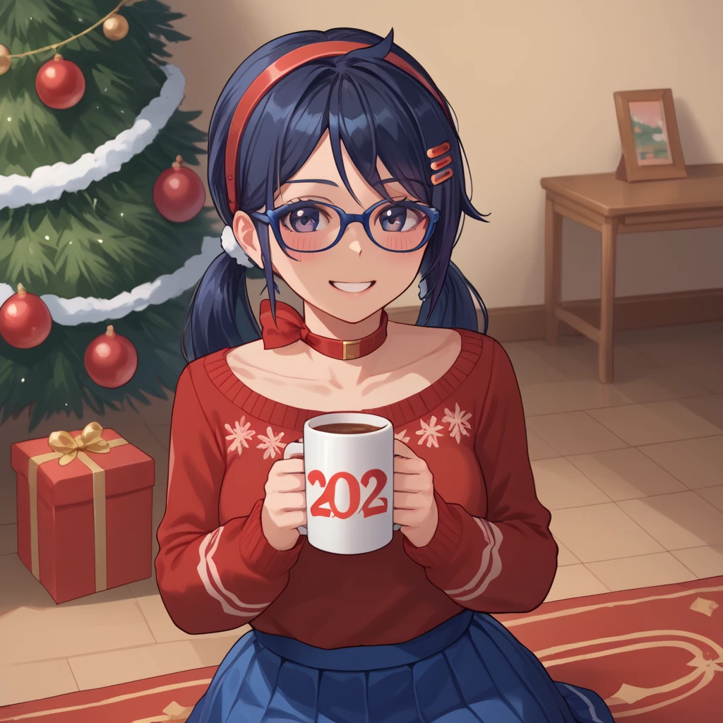 score_9,score_8_up,score_7_up, solo, 1 girl, dark blue eyes, dark blue hair, braids hair, red hairband, choker, red sweater, blue skirt, hair ornament, sweet smile, blush, blushing, glasses,New Year's atmosphere, Santa Claus's clothes, New Year's tree in the background,you can see the panties,sits on his knees, holding a mug of cocoa in his hands,at the top is the inscription "Happy New Year 2025"