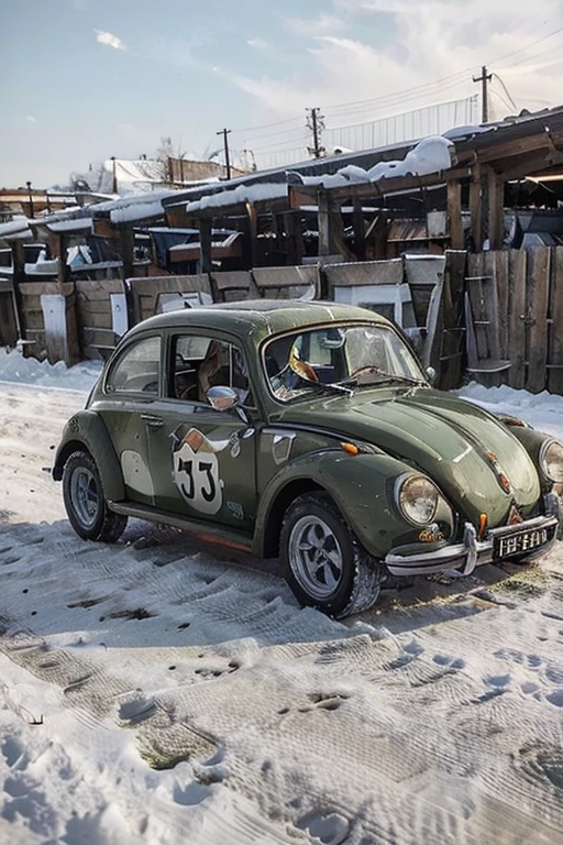 1962 beetle, olive green, white stripes, snowy conditions