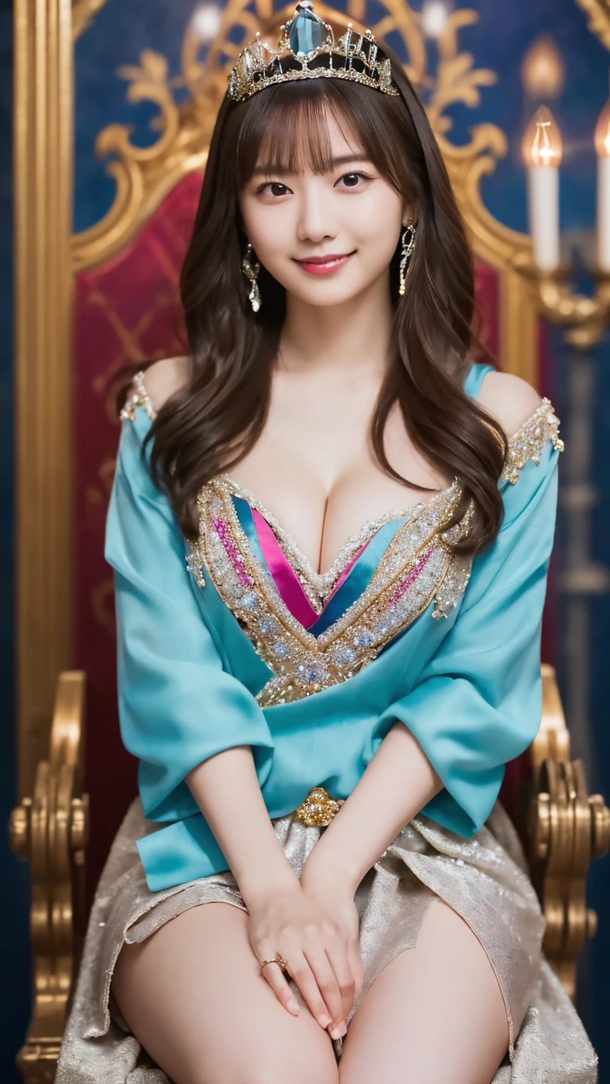 ( medieval queen's clothes wearing colorful jewels : 1.5), (seated on the throne  : 1.5), ( Royal Background with Chandelier : 1.5), (Put on a tiara  : 1.4), ( curled hair  : 1.4), young and adorable Japanese face, Official Art, high definition CG Unity 8k wallpaper,Ultra high definition ,Very detailed, half photos with Brazil, high definition , Kodak Portrait 400, film grain , lens flare glow, best quality,8k, as a portrait shot,8k, Show viewer, (( best quality)), ( super detailed), smile, (( sexy)), (( Very detailedな)), (detailed clothing features), (beautiful), Illustration, beautiful Japanese woman, ((1 female)), (Bold Cleavage : 1.3)