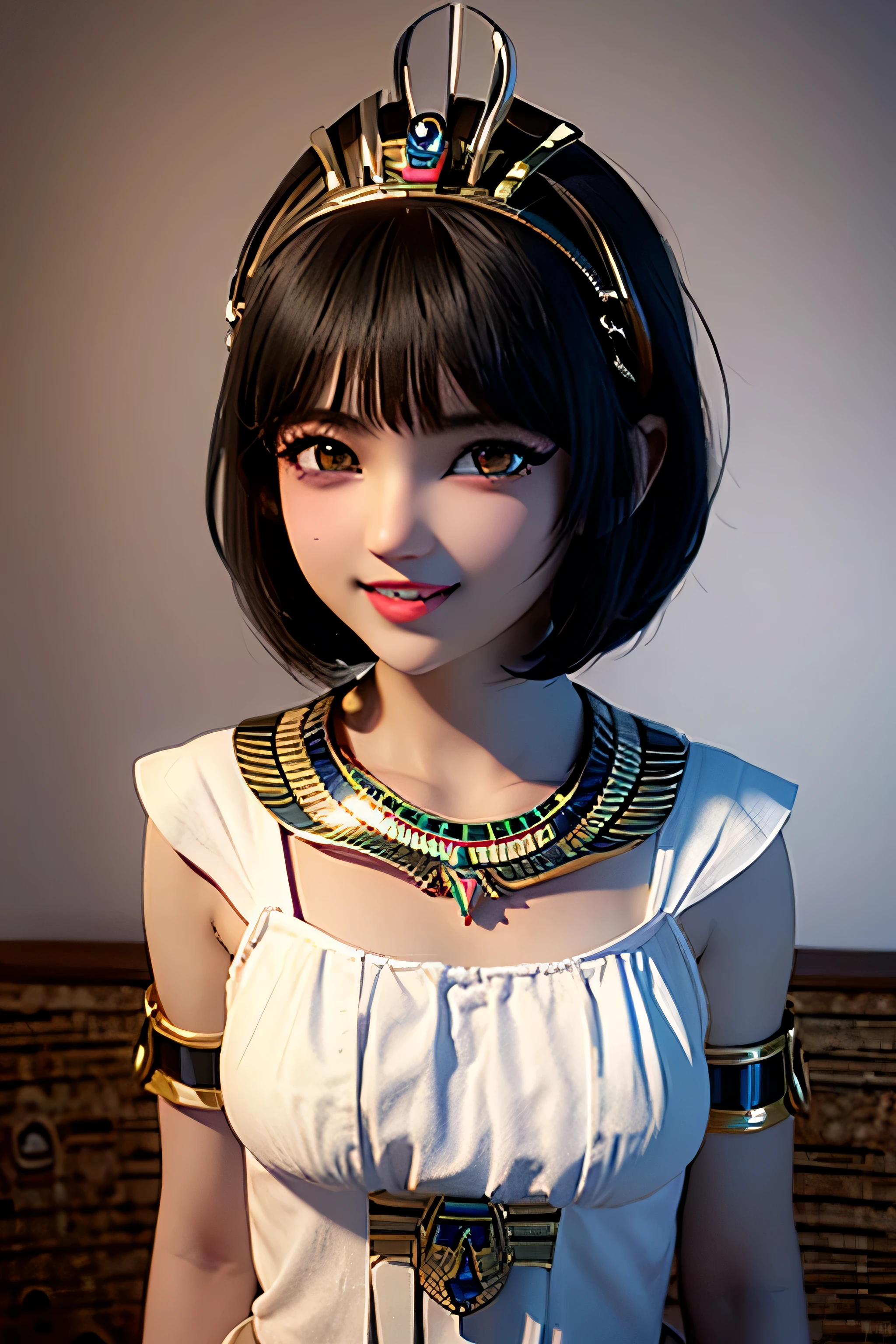 Grey eyes, open mouth, (curly hair), multiple bracelets, necklace, (thick lips), (big lips), teeth, (sweet smile), ((black hair)), (((very tiny 13year old dark skinned egyptian girl))), (((short hair))), (small boobs), cleavage,