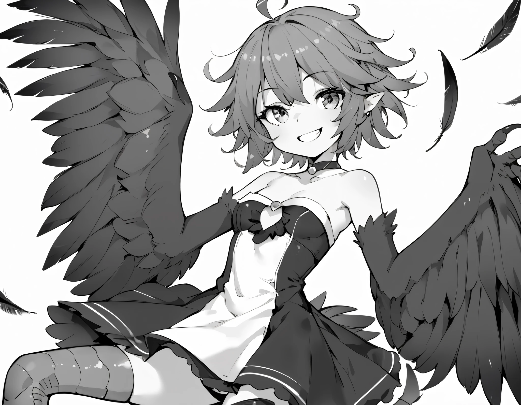 score_9_up, score_8_up, score_7_up, 1girl, solo, source_anime, feather winged arms, bird tail, bird legs, bird wings, harpy, monochrome, lineart BREAK
Short hair, messy hair, ahoge, small breasts, winged arms, feathered wings, wings, dress, bare shoulders, strapless, sleeveless, collarbone BREAK
Standing, looking at viewer, white background, simple background, smile, claws,