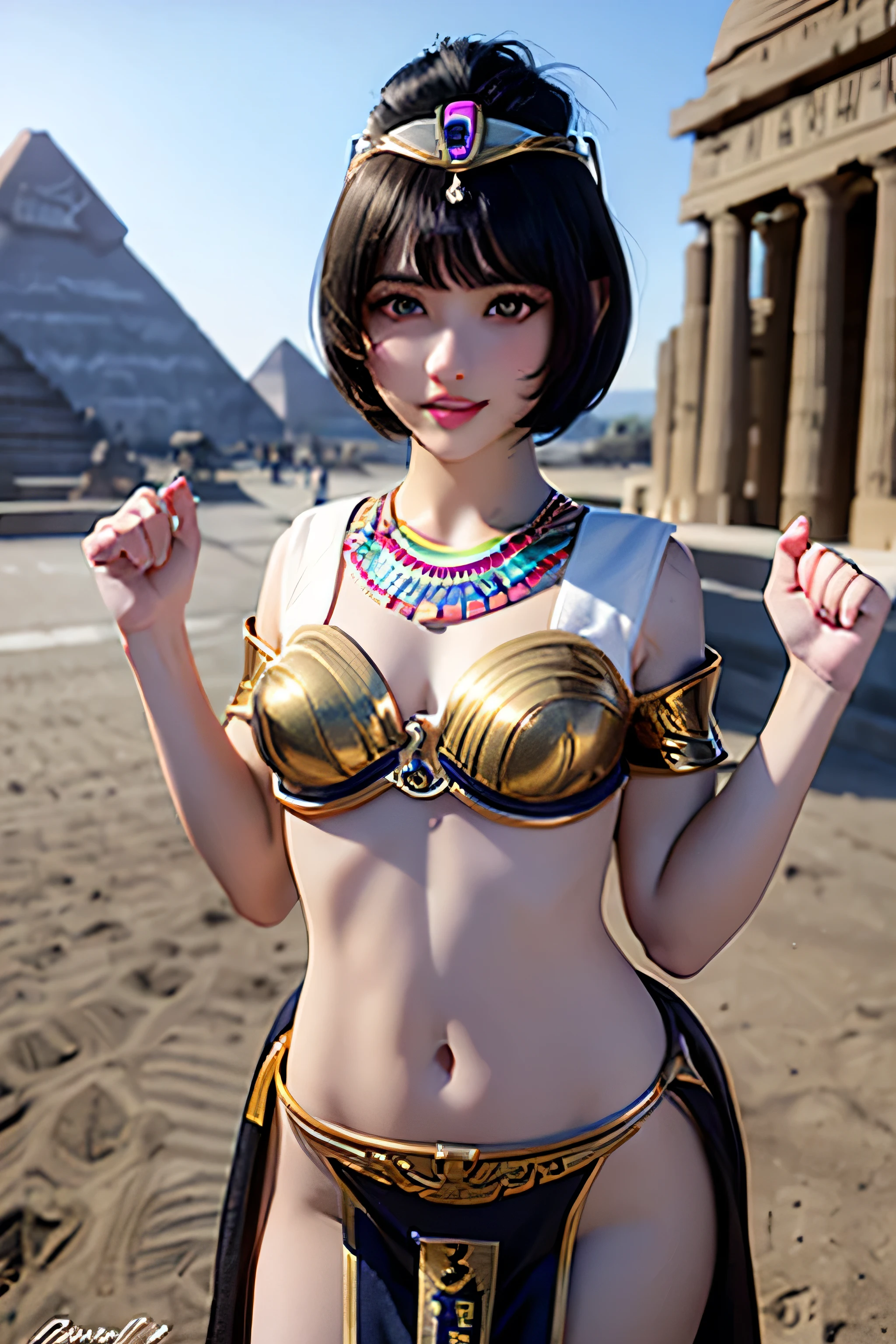 Grey eyes, open mouth, (curly hair), multiple bracelets, necklace, (thick lips), (big lips), teeth, (sweet smile), ((black hair)), (((very tiny body))), (((very tiny 13year old white skinned egyptian girl))), (((short hair))), (small boobs), cleavage,